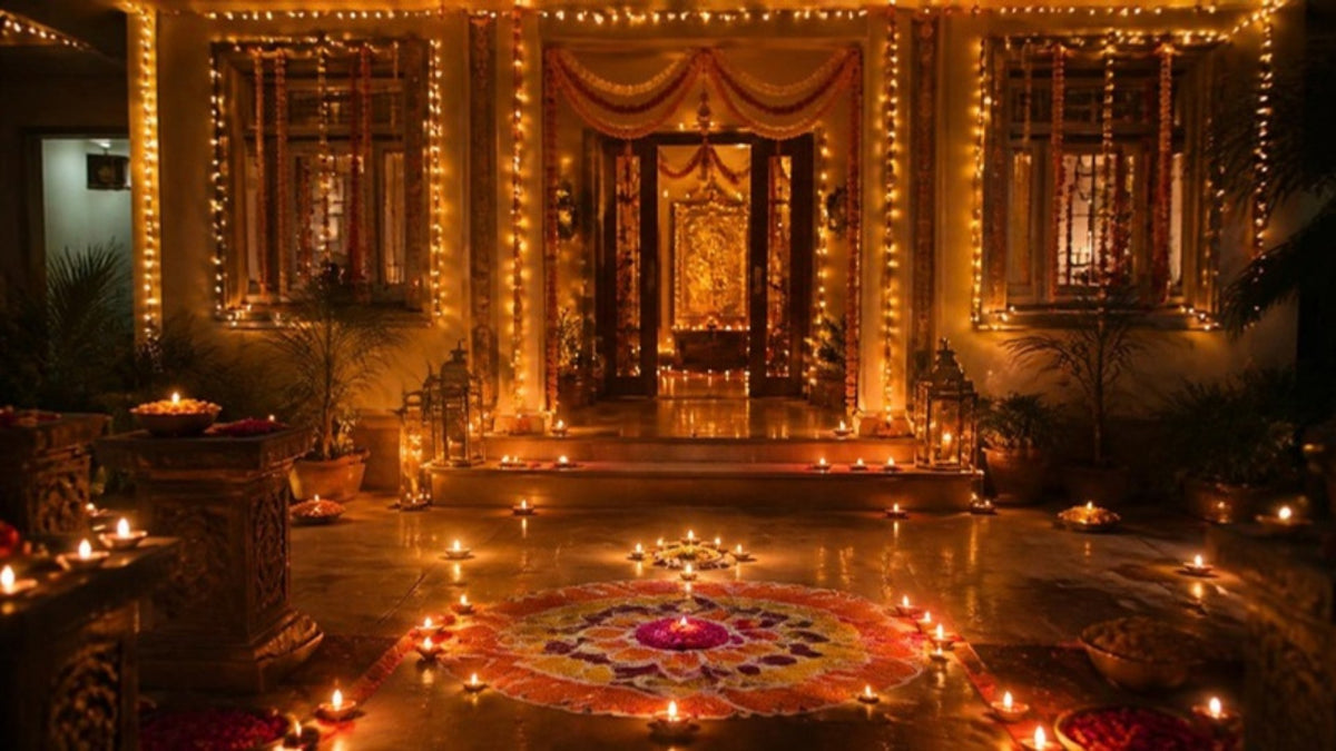 Indian home glowing with Diwali lights and rangoli