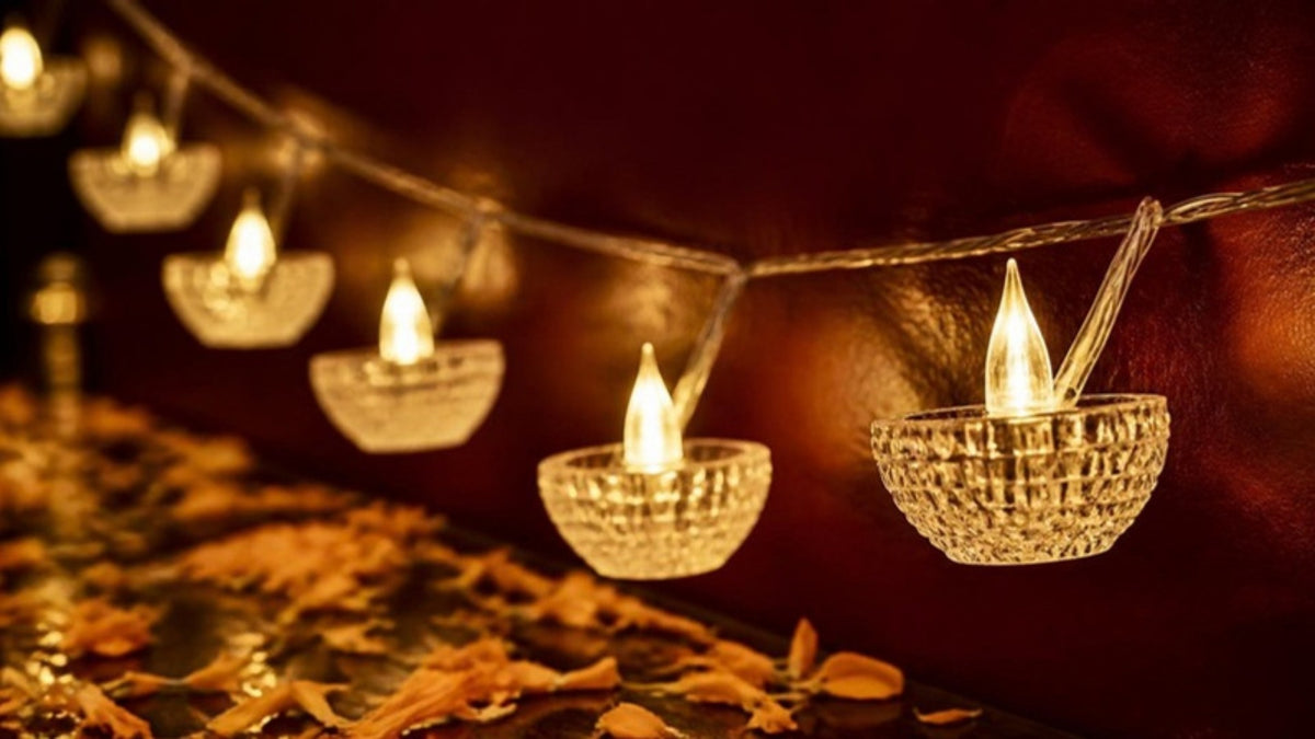 Crystal diya string lights glowing warm