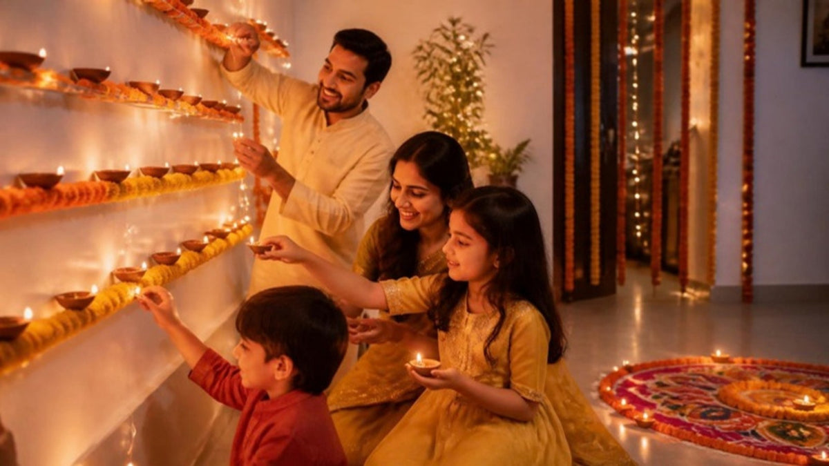 Family decorating home for Diwali