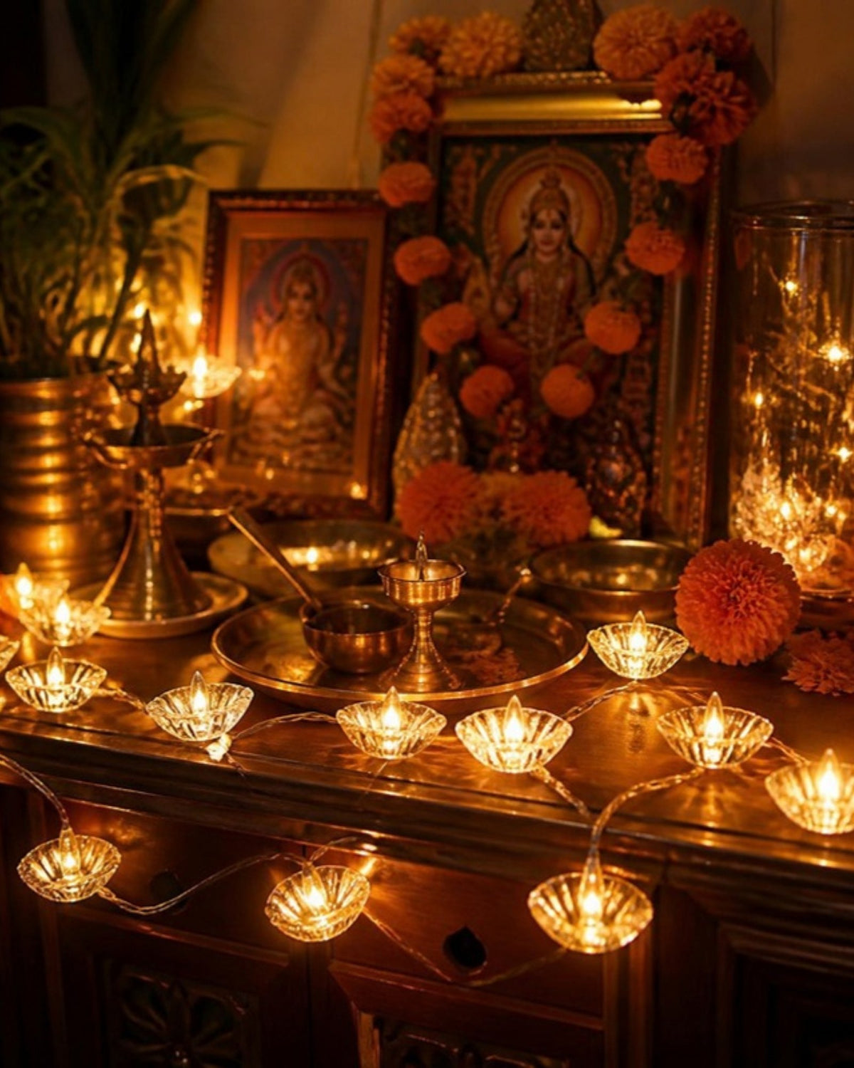 Home mandir decorated with diya string lights